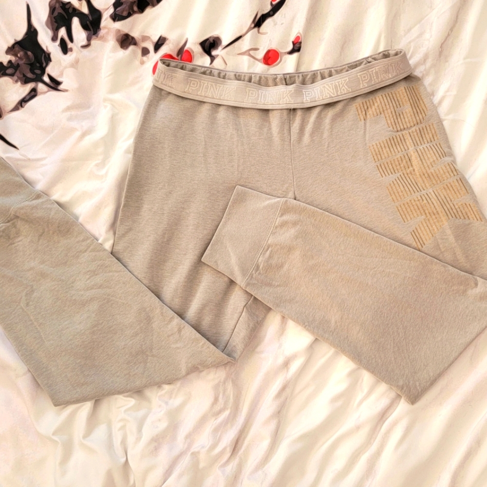 Victoria's secret Pink Capri joggers with metallic gold print.